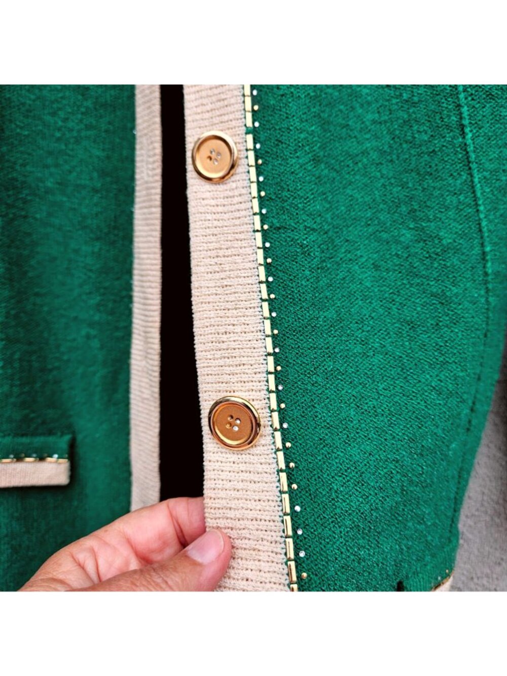 Vintage 80s Rich Levy Green Wool Knit Cardigan Leopard Brooch Womens L - Picture 11 of 14